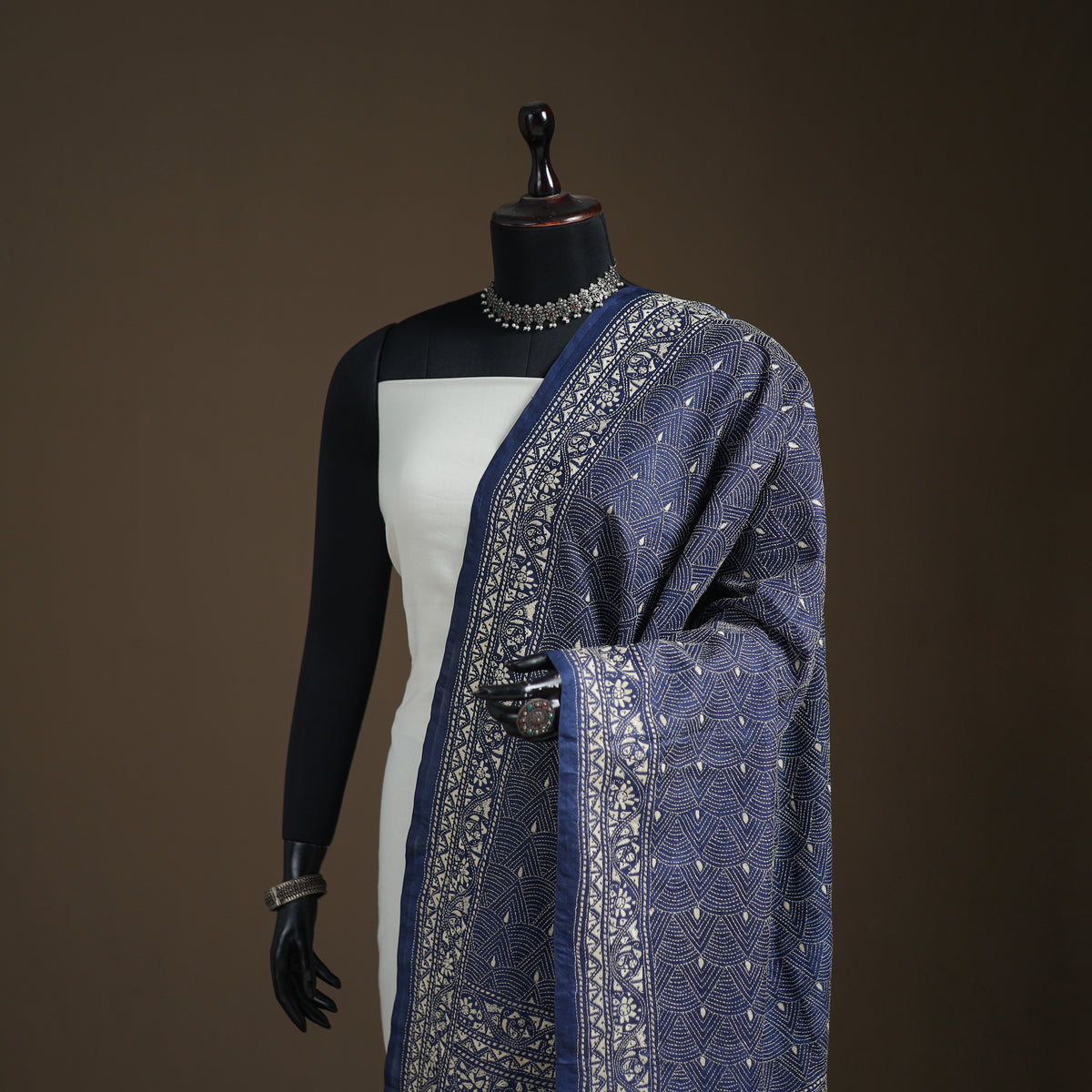 Tussar Silk Handloom Bolpur Kantha Hand Embroidered Dupatta 04