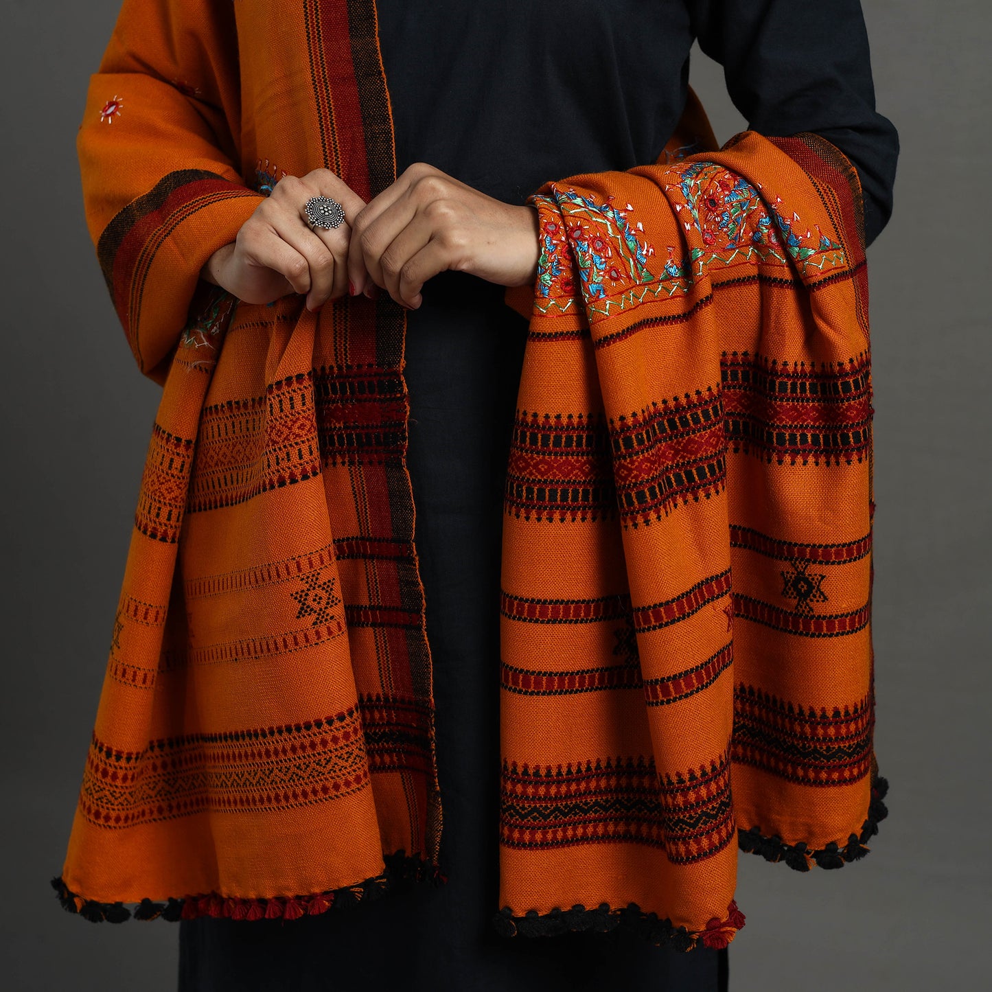 Orange - Kutch Neran Hand Embroidery Mirror Work Woollen Shawl 108