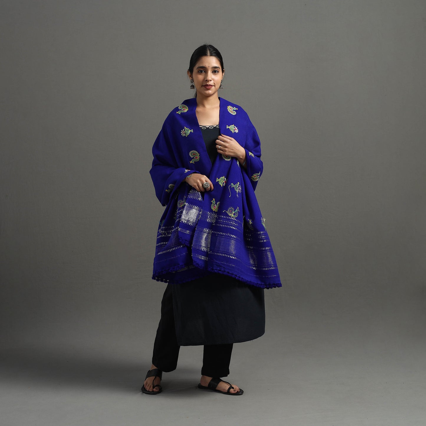 Blue - Kutch Ahir Hand Embroidery Woollen Shawl 42