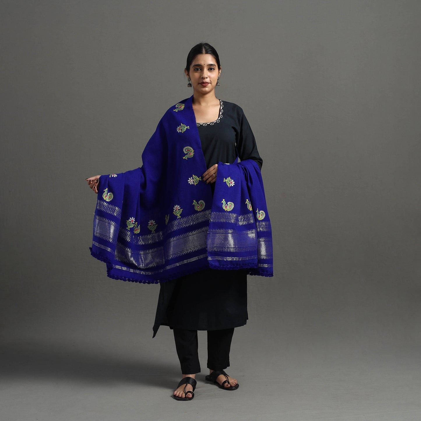 Blue - Kutch Ahir Hand Embroidery Woollen Shawl 42