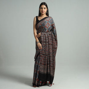 Ajrakh Block Printed Modal Silk Saree with Tassels 17