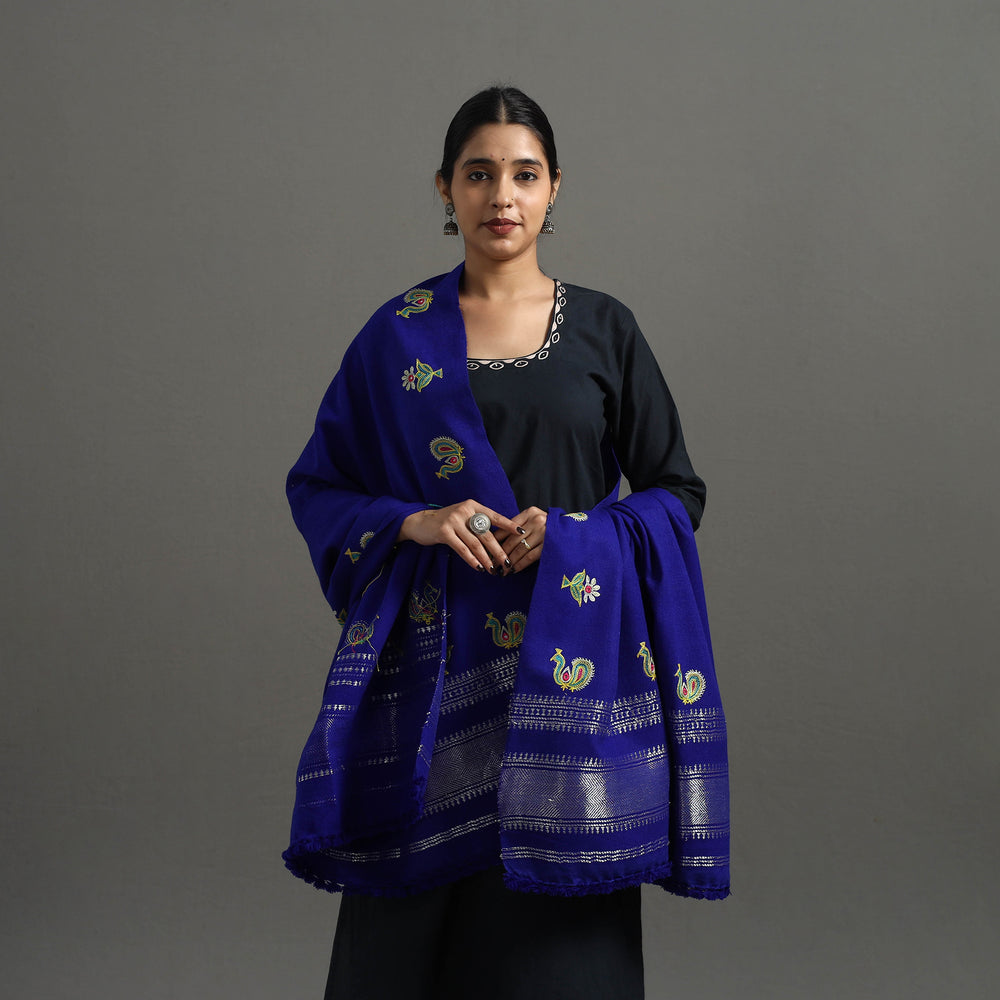 Blue - Kutch Ahir Hand Embroidery Woollen Shawl 42