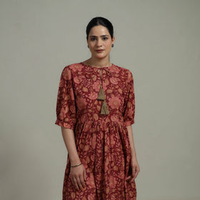 Red - Sanganeri Hand Block Print Pure Cotton Flared Dress 02