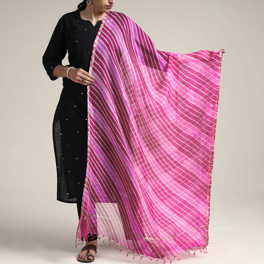 Pink - Leheriya Tie-Dye Kota Doria Silk Dupatta with Tassels