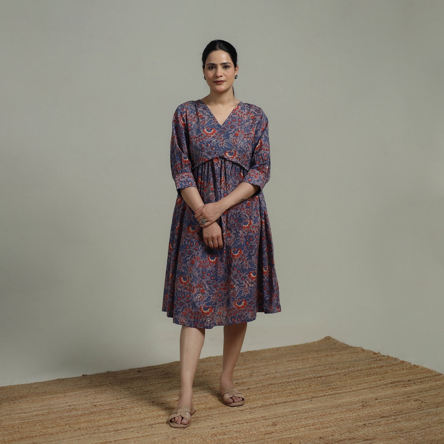 Purple - Sanganeri Hand Block Print Pure Cotton Angrakha Flared Dress 13