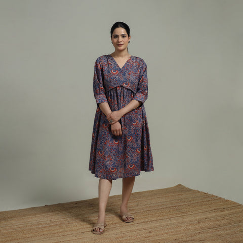Purple - Sanganeri Hand Block Print Pure Cotton Angrakha Flared Dress 13