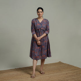 Purple - Sanganeri Hand Block Print Pure Cotton Angrakha Flared Dress 13