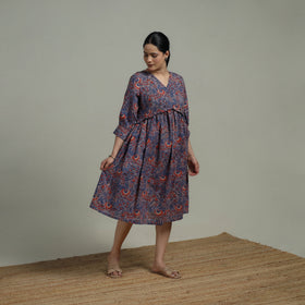 Purple - Sanganeri Hand Block Print Pure Cotton Angrakha Flared Dress 13