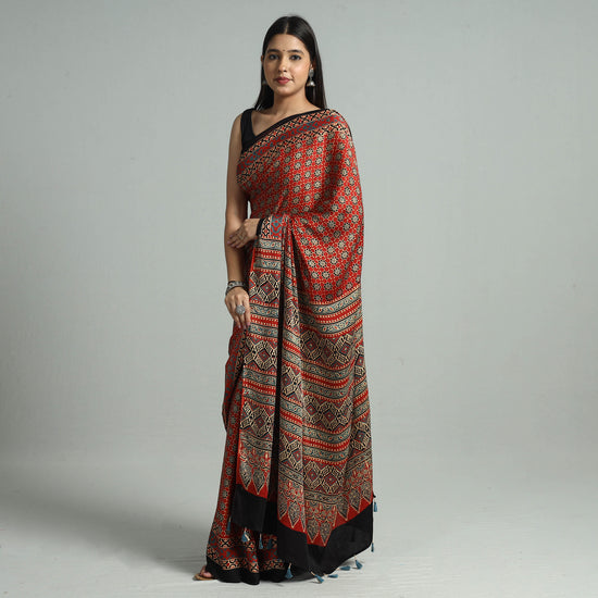 Red - Ajrakh Block Printed Modal Silk Saree with Tassels 18