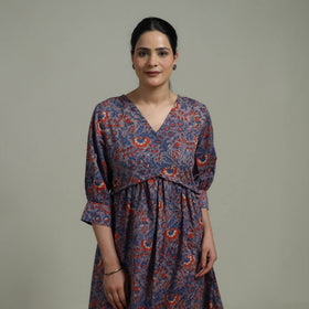 Purple - Sanganeri Hand Block Print Pure Cotton Angrakha Flared Dress 13
