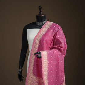 Pink - Tussar Silk Handloom Bolpur Kantha Hand Embroidered Dupatta 07