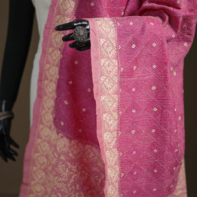 Pink - Tussar Silk Handloom Bolpur Kantha Hand Embroidered Dupatta 07