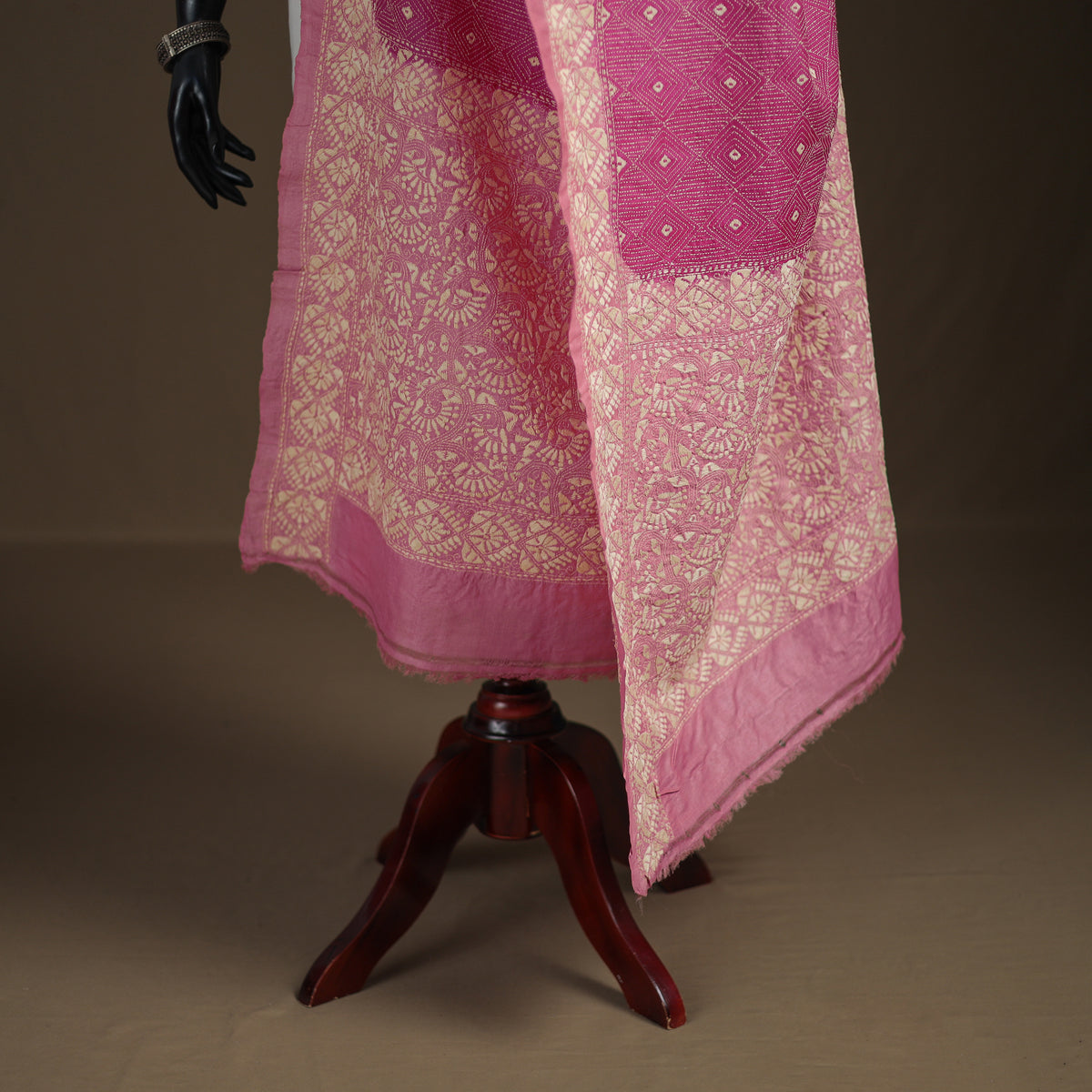 Pink - Tussar Silk Handloom Bolpur Kantha Hand Embroidered Dupatta 07