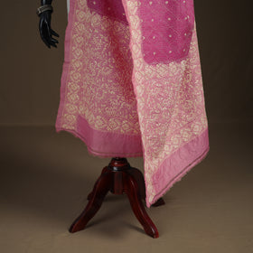 Pink - Tussar Silk Handloom Bolpur Kantha Hand Embroidered Dupatta 07
