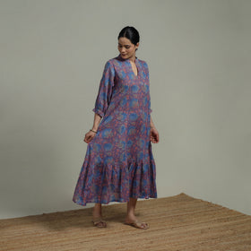 Purple - Sanganeri Hand Block Print Pure Cotton Tiered Dress 19