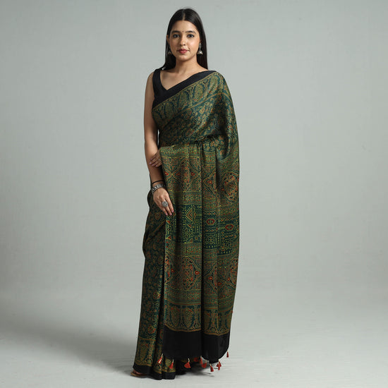 Green - Ajrakh Block Printed Modal Silk Saree with Tassels 19