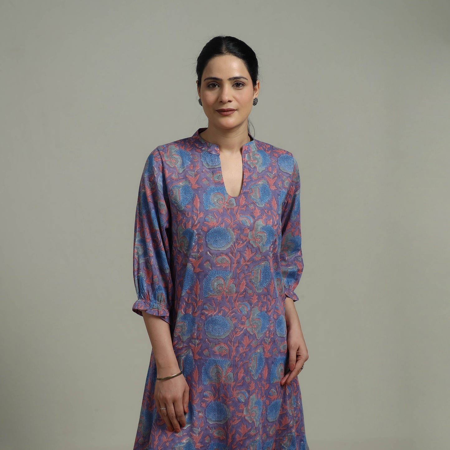 Purple - Sanganeri Hand Block Print Pure Cotton Tiered Dress 19