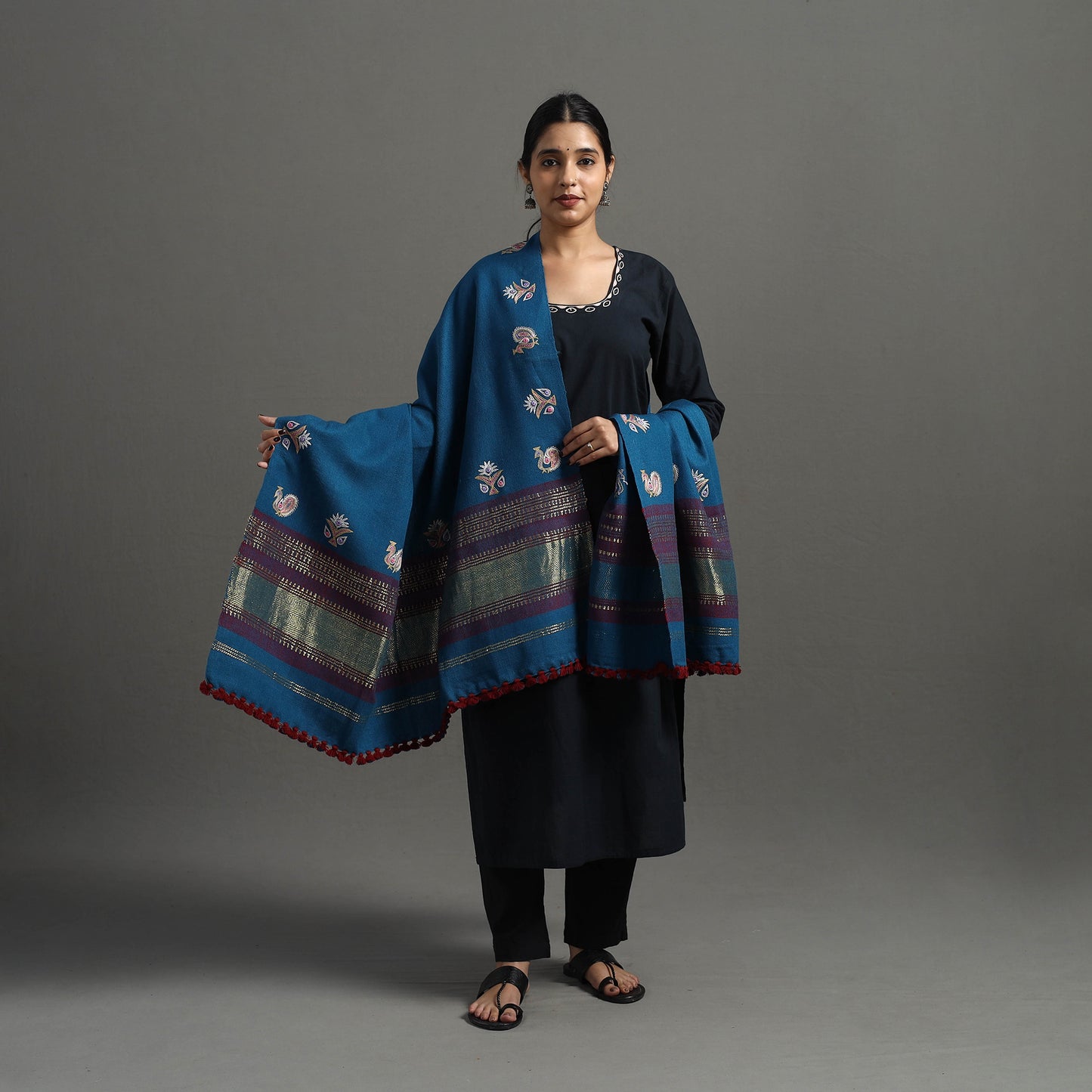 Blue - Kutch Ahir Hand Embroidery Woollen Shawl 45