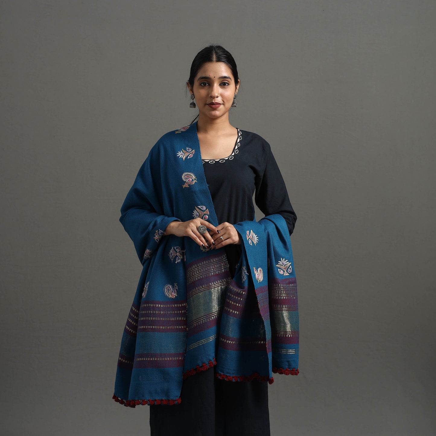 Blue - Kutch Ahir Hand Embroidery Woollen Shawl 45