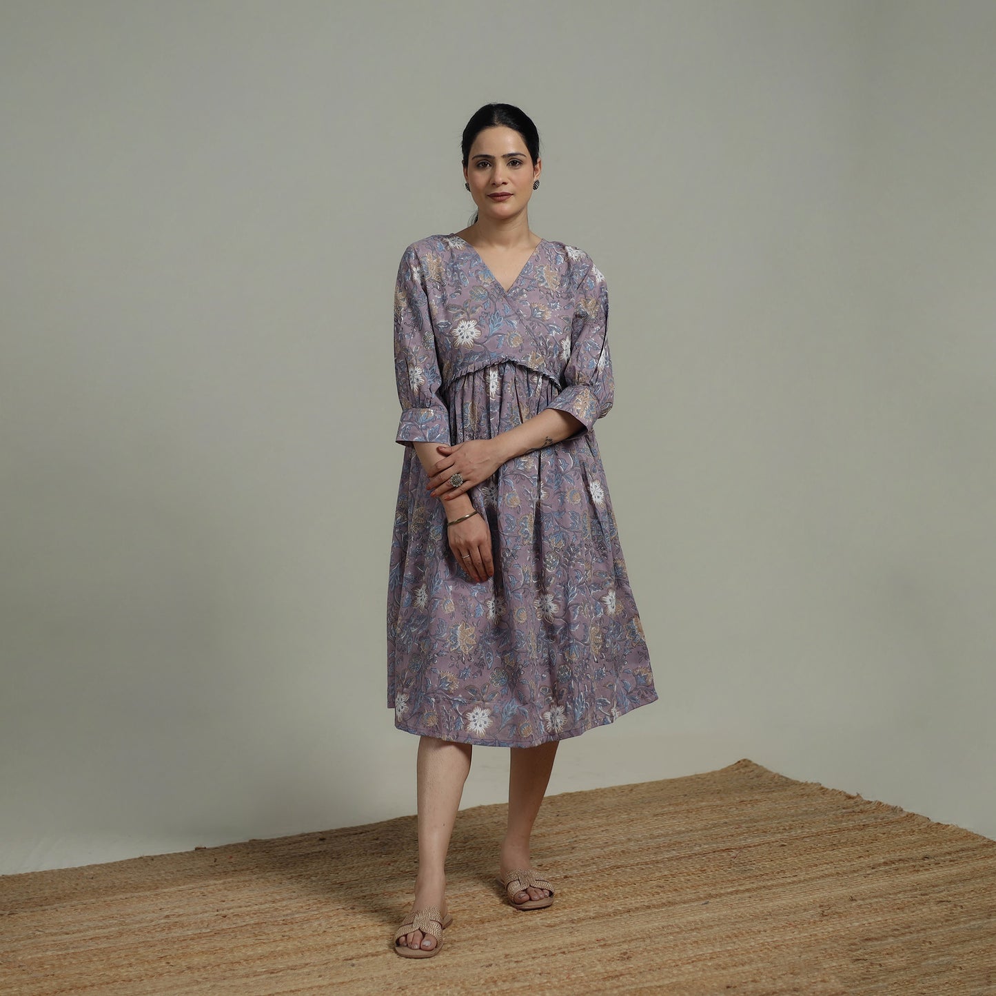Purple - Sanganeri Hand Block Print Pure Cotton Angrakha Flared Dress 15