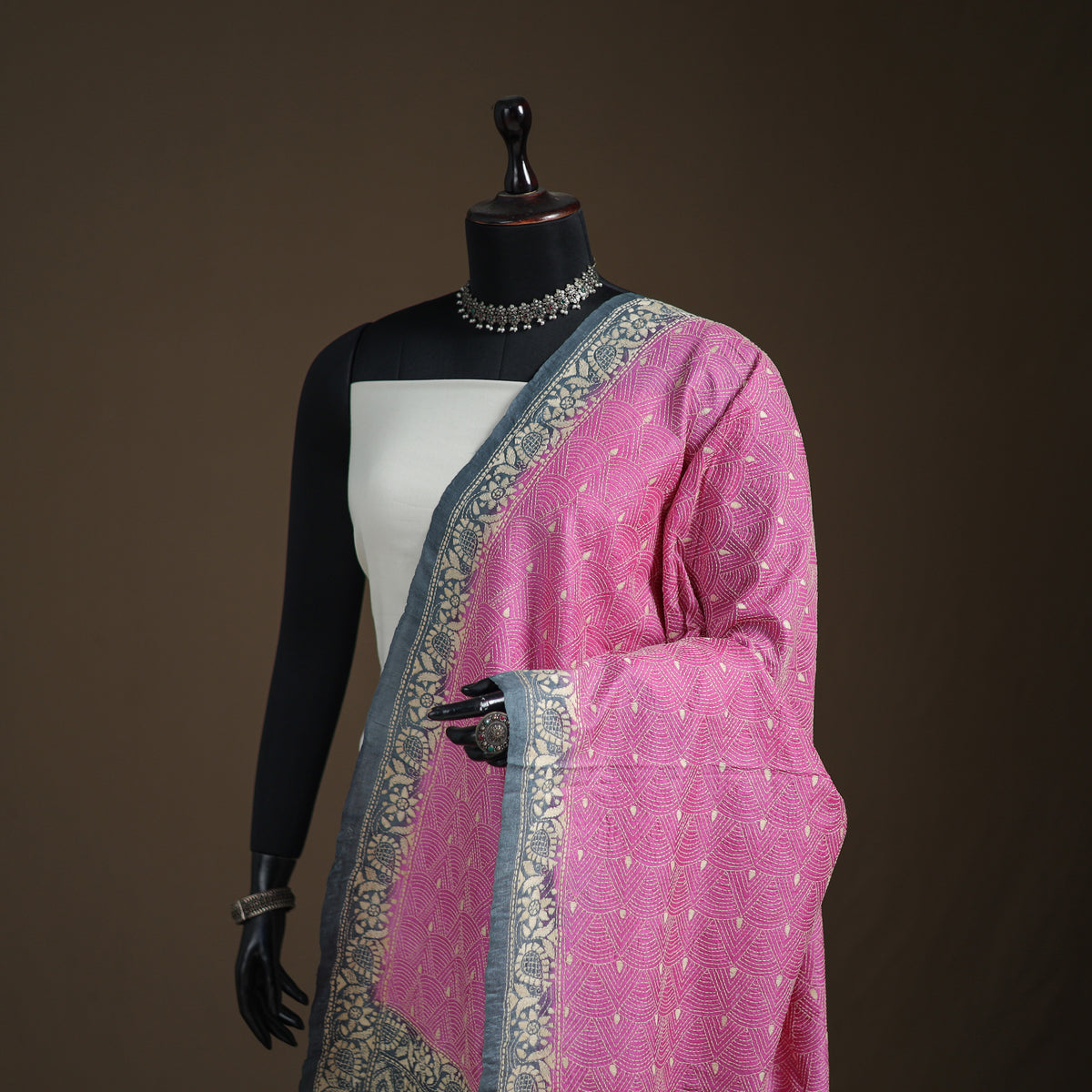 Tussar Silk Handloom Bolpur Kantha Hand Embroidered Dupatta 09