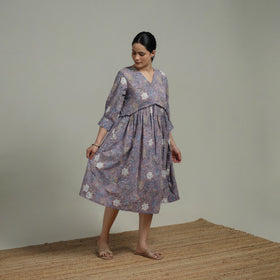 Purple - Sanganeri Hand Block Print Pure Cotton Angrakha Flared Dress 15