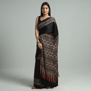 Ajrakh Block Printed Modal Silk Saree with Tassels 20