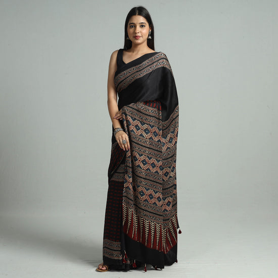 Black - Ajrakh Block Printed Modal Silk Saree with Tassels 20