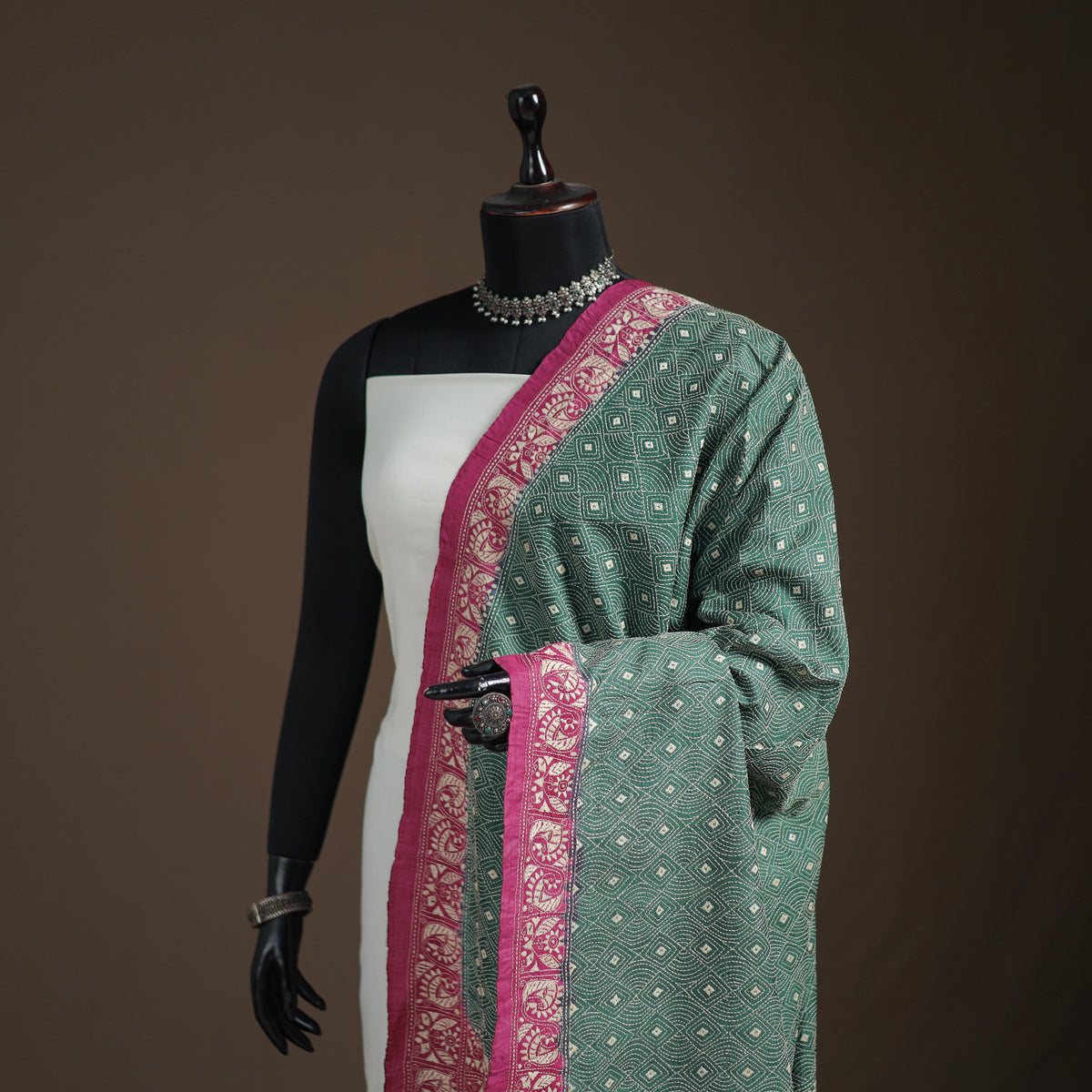 Tussar Silk Handloom Bolpur Kantha Hand Embroidered Dupatta 10