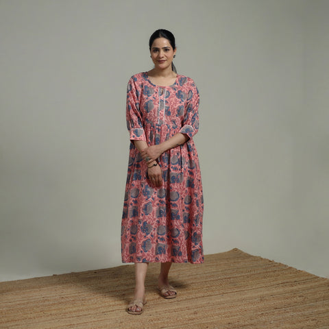 Pink - Sanganeri Hand Block Print Pure Cotton Flared Dress 08