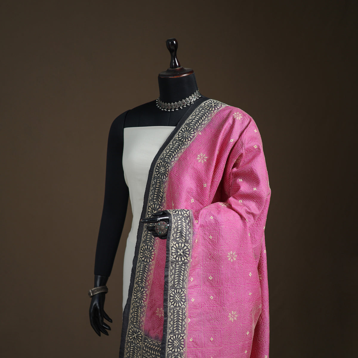 Tussar Silk Handloom Bolpur Kantha Hand Embroidered Dupatta 11