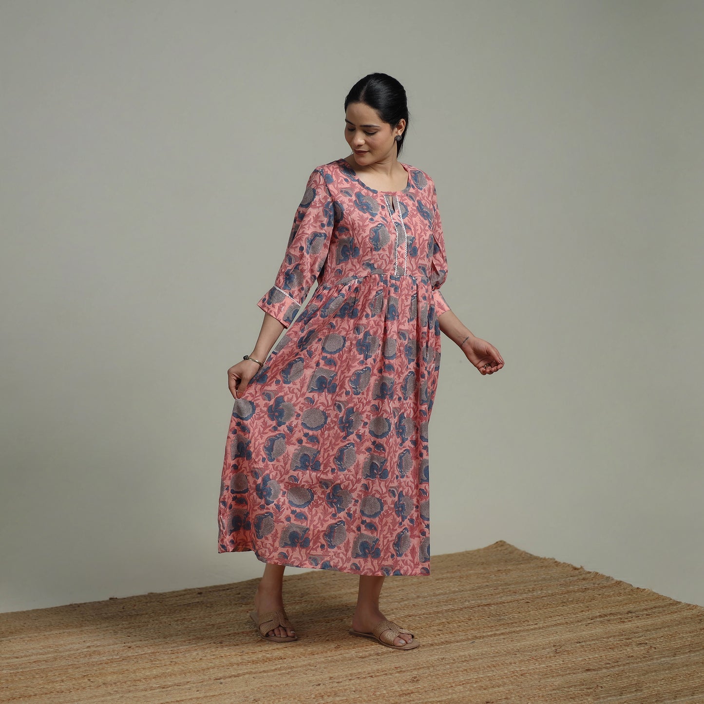 Pink - Sanganeri Hand Block Print Pure Cotton Flared Dress 08