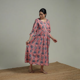 Pink - Sanganeri Hand Block Print Pure Cotton Flared Dress 08