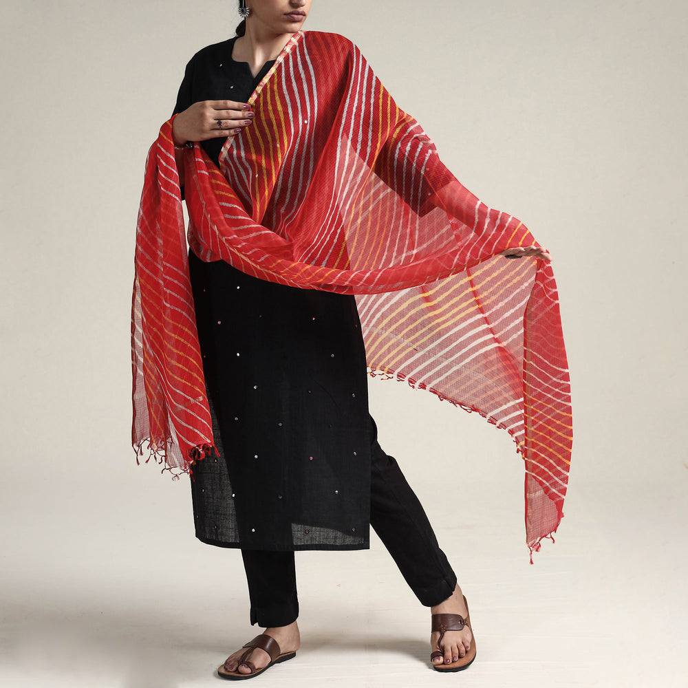 Red - Leheriya Tie-Dye Kota Doria Silk Dupatta with Tassels