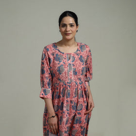 Pink - Sanganeri Hand Block Print Pure Cotton Flared Dress 08