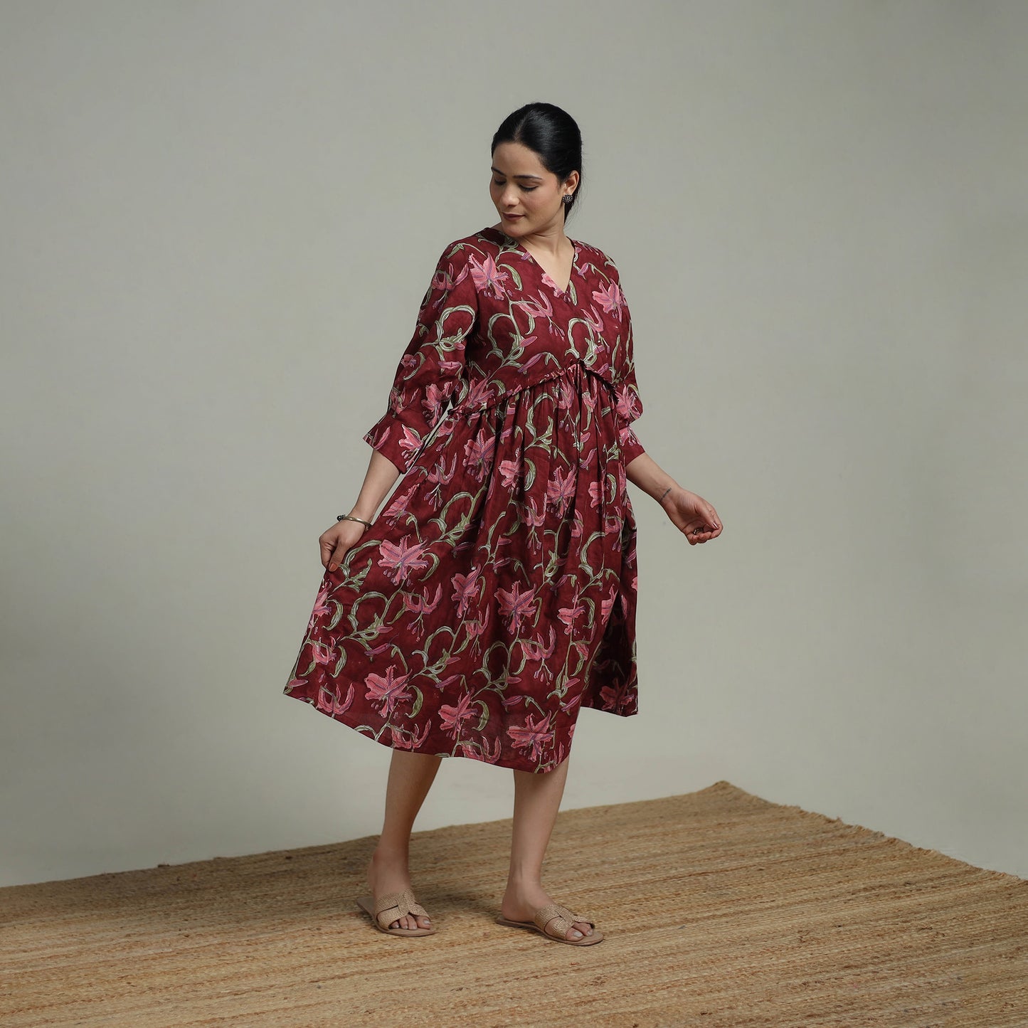 Maroon - Sanganeri Hand Block Print Pure Cotton Angrakha Flared Dress 11