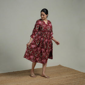 Maroon - Sanganeri Hand Block Print Pure Cotton Angrakha Flared Dress 11