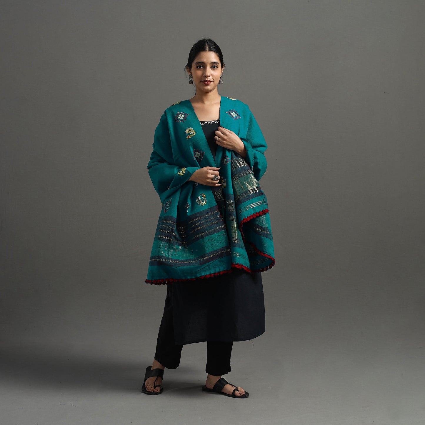 Green Kutch Ahir Hand Embroidery Woollen Shawl