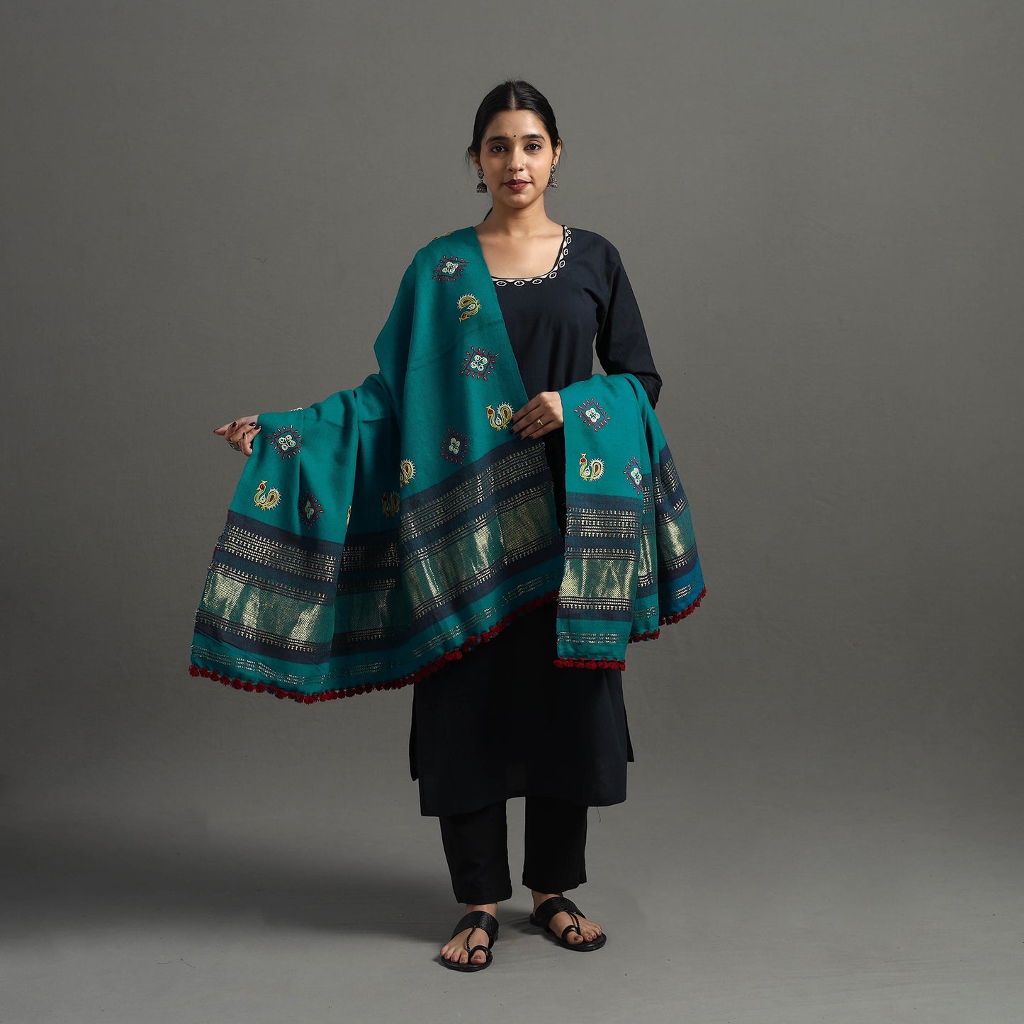 Green - Kutch Ahir Hand Embroidery Woollen Shawl 48