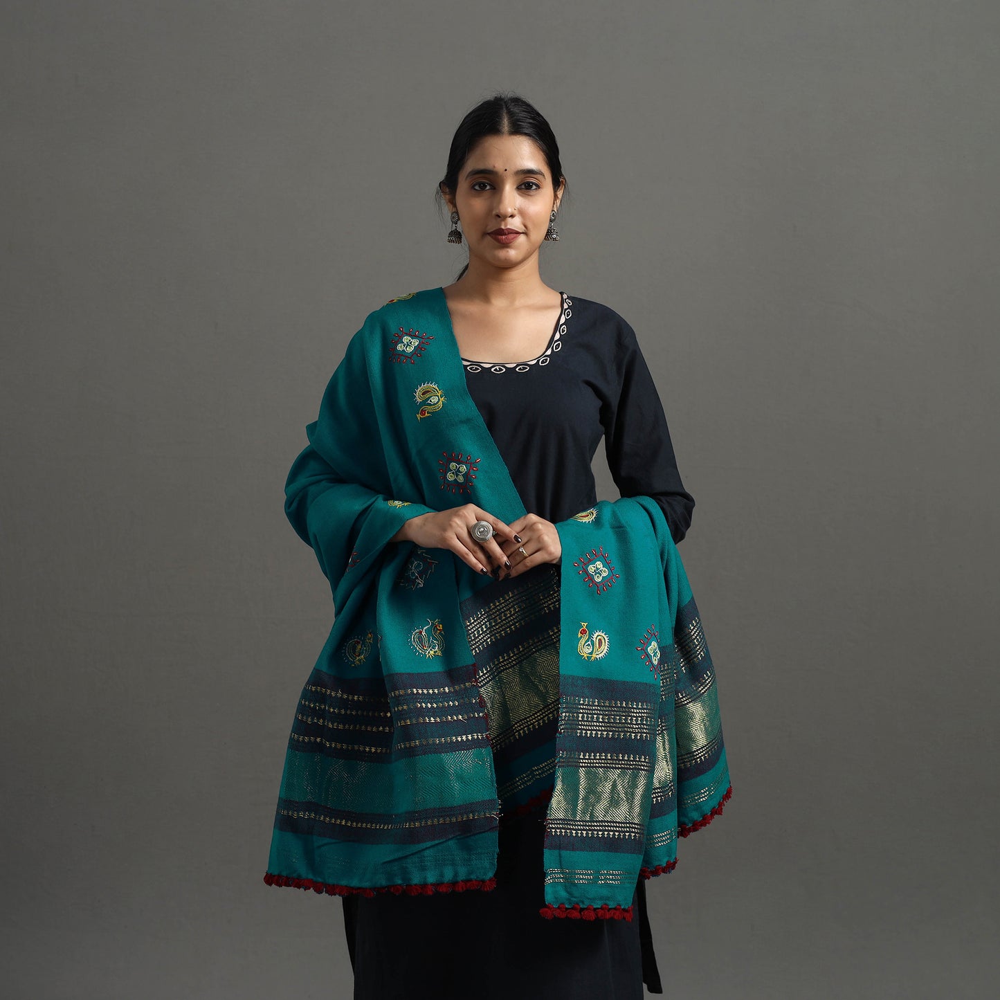 Green - Kutch Ahir Hand Embroidery Woollen Shawl 48