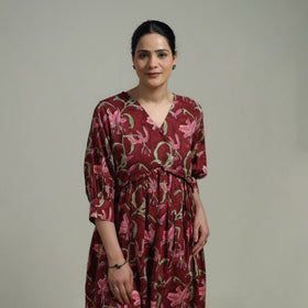 Maroon - Sanganeri Hand Block Print Pure Cotton Angrakha Flared Dress 11
