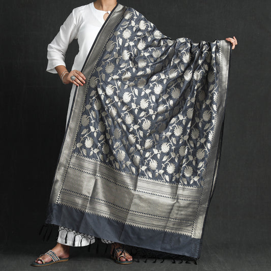 Grey - Banarasi Semi Silk Zari Jaal Dupatta with Tassels