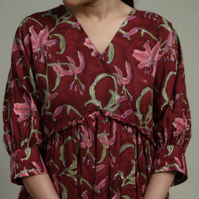 Maroon - Sanganeri Hand Block Print Pure Cotton Angrakha Flared Dress 11