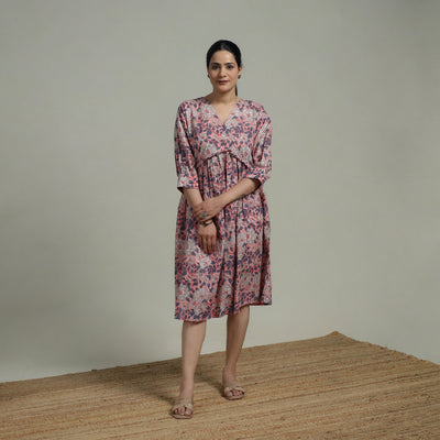 Pink - Sanganeri Hand Block Print Pure Cotton Angrakha Flared Dress 12