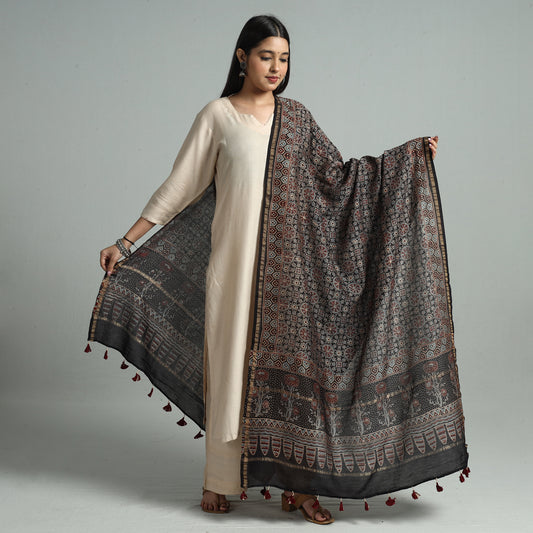 Ajrakh Hand Block Printed Chanderi Silk Dupatta with Tassels 04