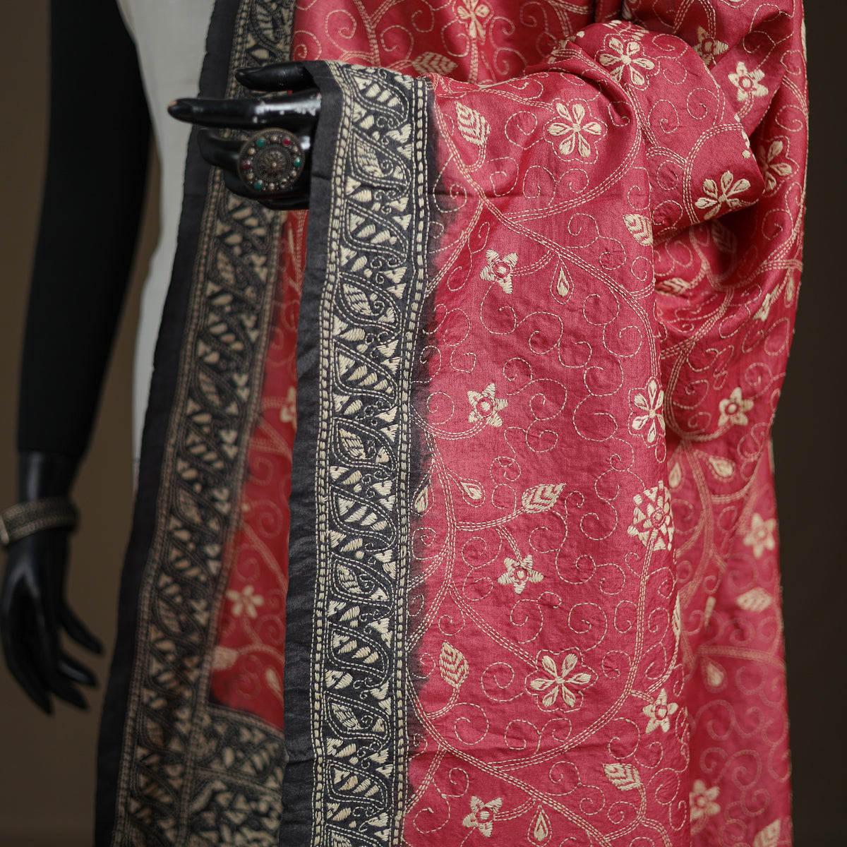Tussar Silk Handloom Bolpur Kantha Hand Embroidered Dupatta 14