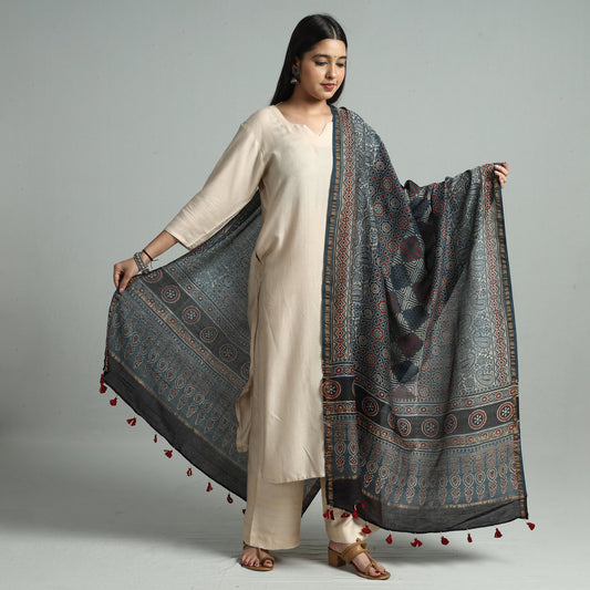 Ajrakh Hand Block Printed Chanderi Silk Dupatta with Tassels 06