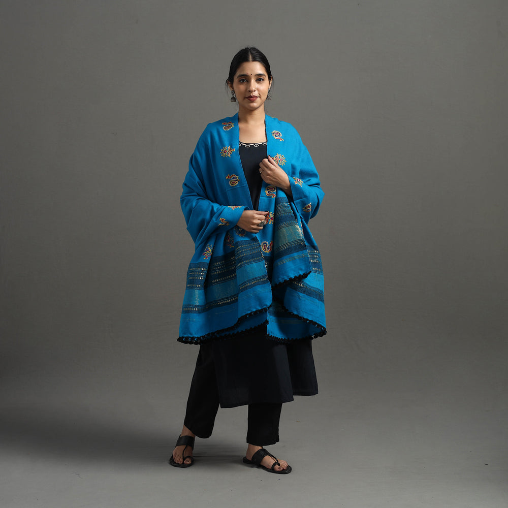 Blue - Kutch Ahir Hand Embroidery Woollen Shawl 50