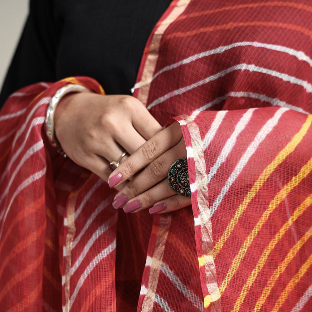 Red - Leheriya Tie-Dye Kota Doria Silk Dupatta with Tassels