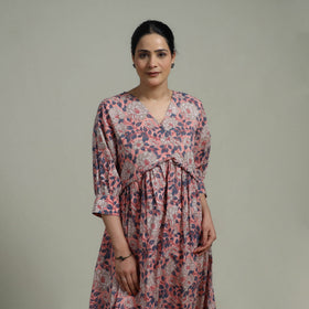 Pink - Sanganeri Hand Block Print Pure Cotton Angrakha Flared Dress 12